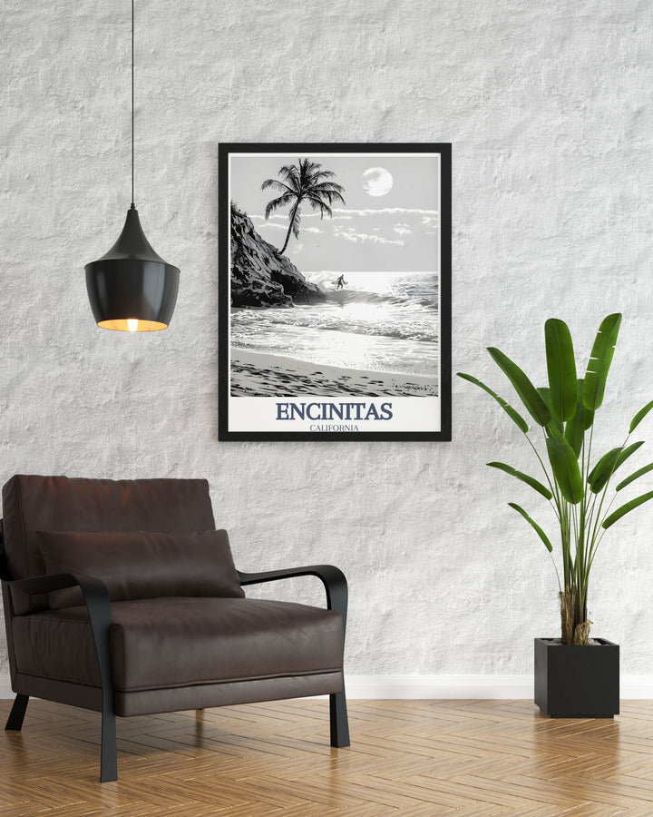 Digital download of a travel poster print depicting Moonlight Beach, Swamis Surf Spot perfect for enhancing your home decor with coastal charm and vibrant energy great as an Encinitas gift for beach lovers