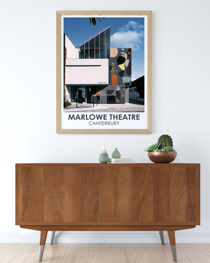 Featuring the iconic Marlowe Theatre in Canterbury, this travel poster highlights the theaters striking contemporary design and its place within the historic city, making it an ideal piece for lovers of architecture and performing arts.