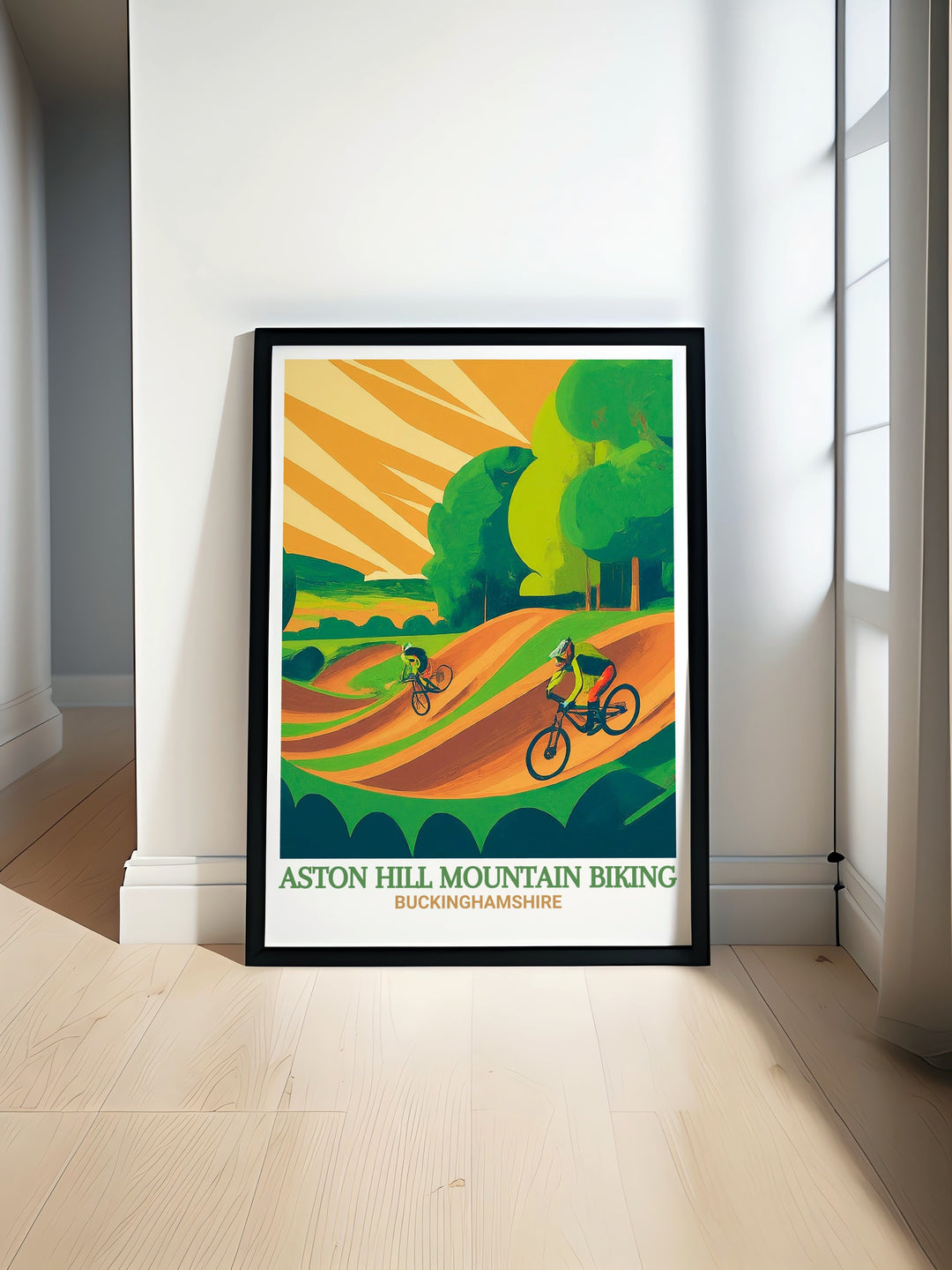 Aston Hill Mountain Biking Travel Poster featuring Wendover Woods and Chiltern Hills MTB trails perfect for mountain biking enthusiasts includes stunning 4X Track modern prints for home decor and framed prints for elegant living room wall art