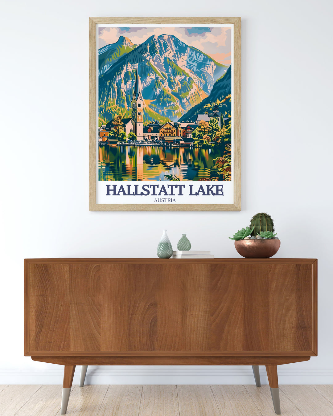 This Hallstatt Lake poster print showcases the serene beauty of Austrias iconic village, framed by the Dachstein Mountains. The artwork highlights Hallstatts charm, from the tranquil lake to the famous Lutheran Church, making it a perfect addition to any room.