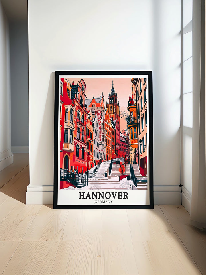 Wall art showcasing Schmiedestraße in Hannover Germany a bustling street known for its mix of shops cafes and historic buildings offering a vibrant glimpse into the citys dynamic atmosphere and urban life