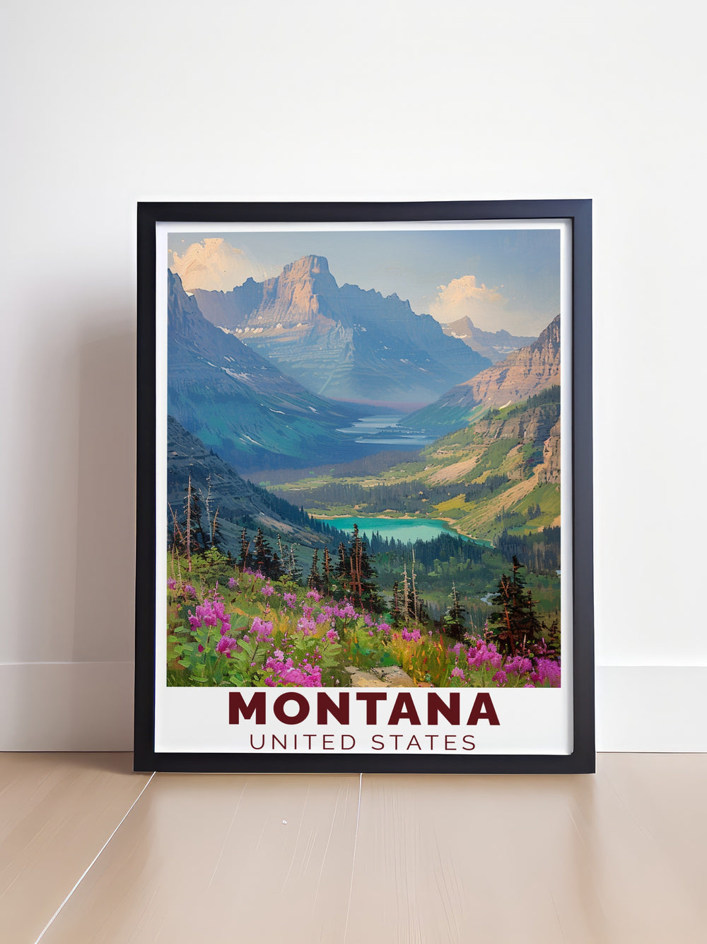 Glacier National Park Poster Print features the iconic peaks and pristine lakes of this famous Montana landmark. Perfect for adding a touch of natural beauty to your home, this travel print captures the essence of Montanas wilderness.