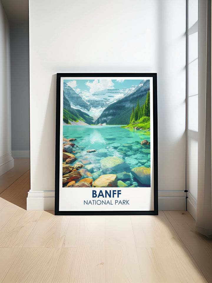 Banff National Park gallery wall art featuring expansive views of the Canadian Rockies, capturing the dramatic landscapes and diverse ecosystems, perfect for nature lovers and home decorators.