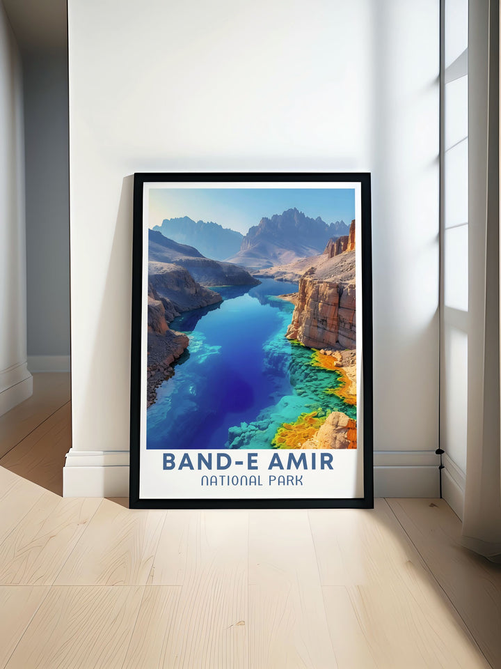 Colorful art print of Band e Amir National Park showcasing vibrant landscapes and serene waters perfect for enhancing your home decor with a touch of Afghanistans natural beauty and cultural heritage