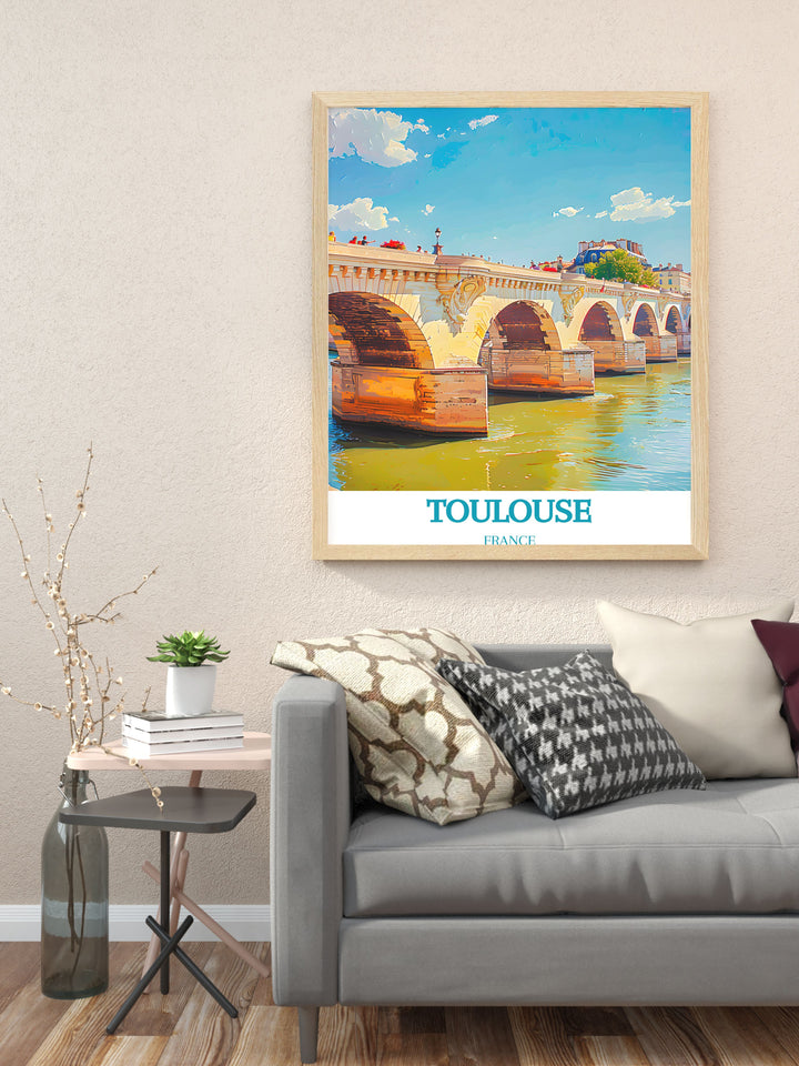 Immerse yourself in the rich history of Toulouse with this captivating travel poster of Pont Neuf, showcasing its enduring legacy.