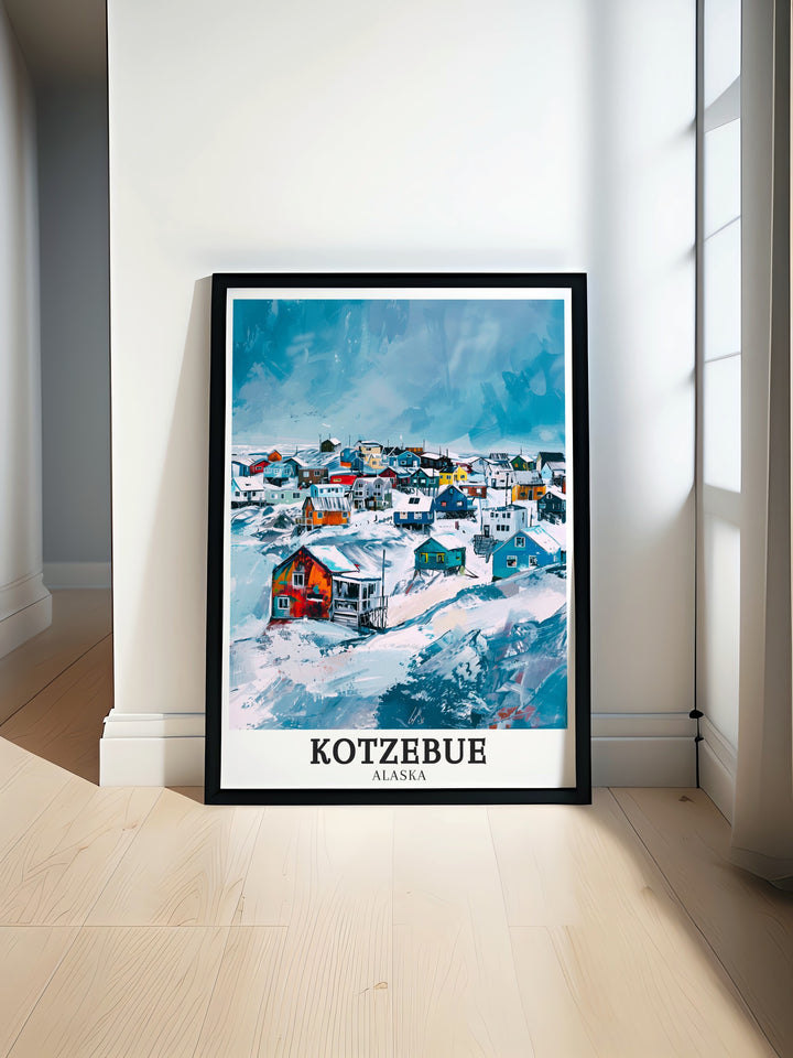 Fine line print of Kotzebue Qikiqtaġruk and the Baldwin Peninsula capturing the essence of this remote and culturally rich area ideal for modern decor that values simplicity and connection to nature