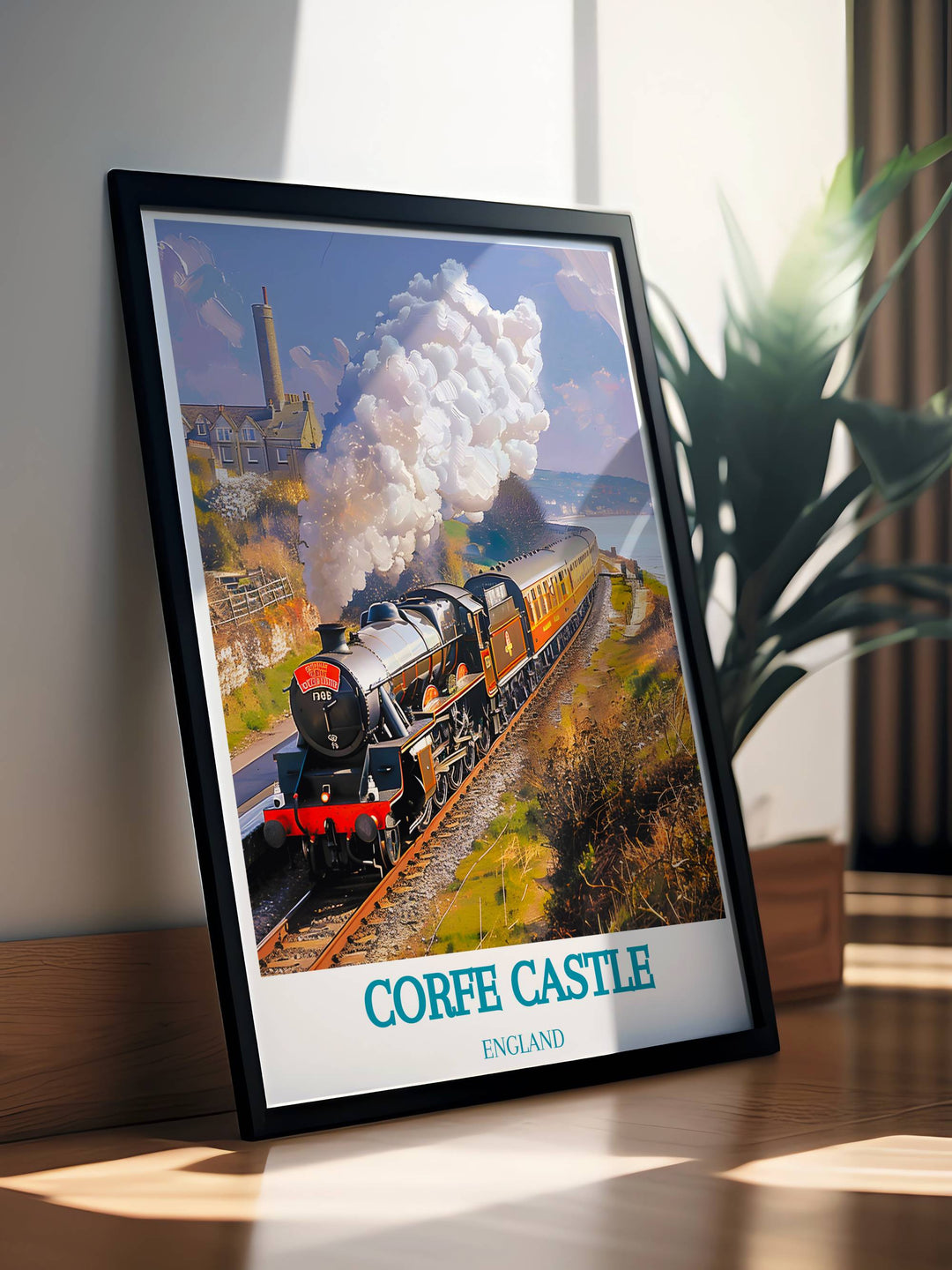 Swanage Railway art poster depicting a vintage train traveling through scenic landscapes a beautiful gift for lovers of England travel art