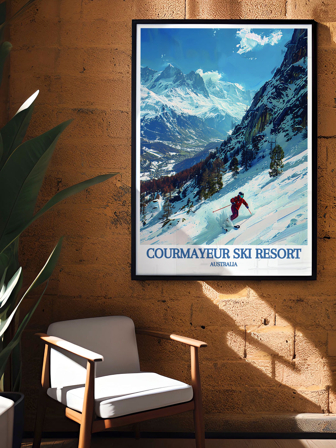 The captivating blend of skiing adventure in Courmayeur and the scenic beauty of Mont Blanc is beautifully illustrated in this poster, making it a stunning addition to any wall art collection celebrating alpine sports.
