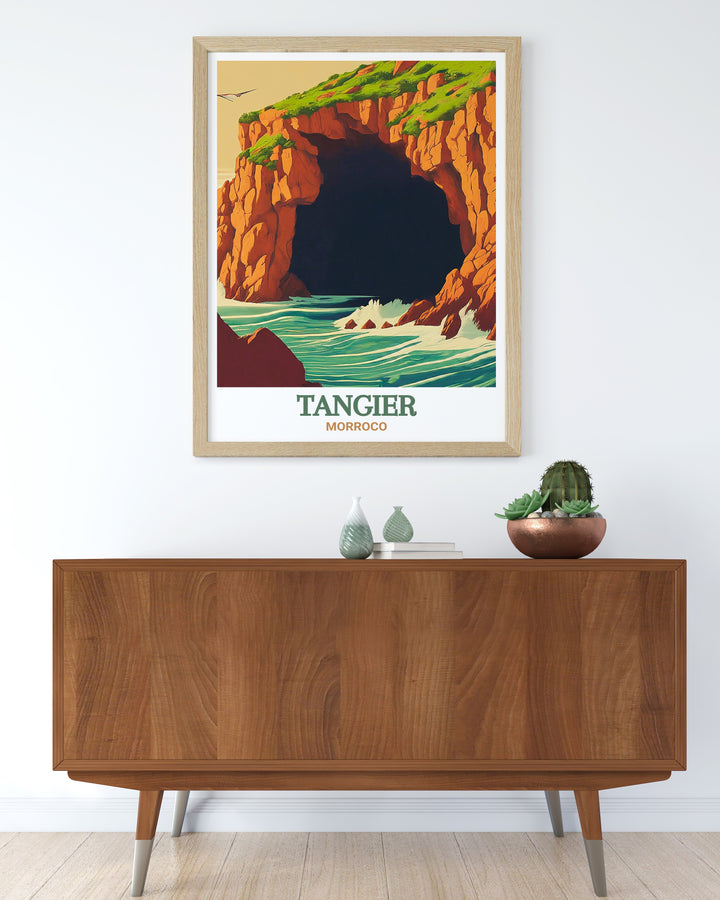 This travel poster of Hercules Caves in Tangier offers a unique glimpse into one of Moroccos most iconic landmarks. The striking details and vibrant colors make it a perfect wall art addition for any room.