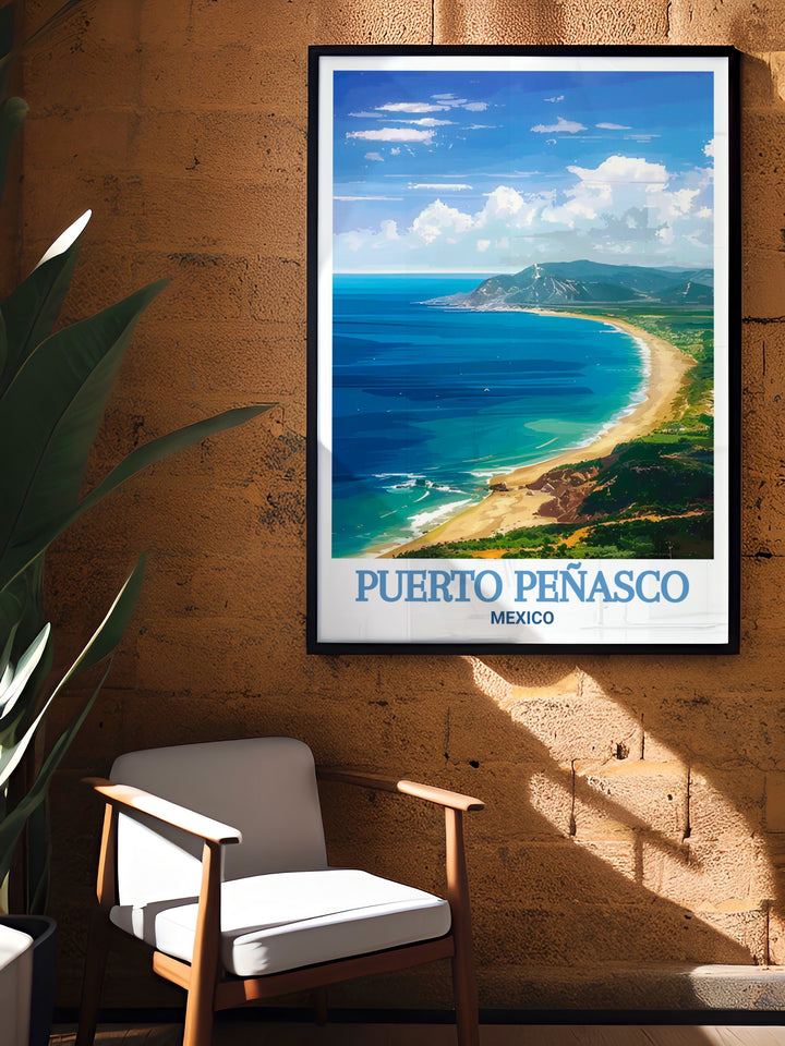 Wall art of Puerto Peñasco featuring the iconic Cholla Bay, renowned for its tranquil waters and breathtaking sunsets. This piece is ideal for anyone looking to decorate their space with the natural beauty of Mexicos coastline, offering a calming and visually appealing addition to any room.