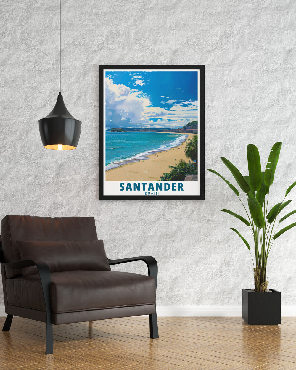 Santander poster print featuring Playa del Sardinero offers a stunning representation of Spains famous coastline blending soft tones and captivating details into a piece of art that will elevate the ambiance of any room with its elegance and tranquility.