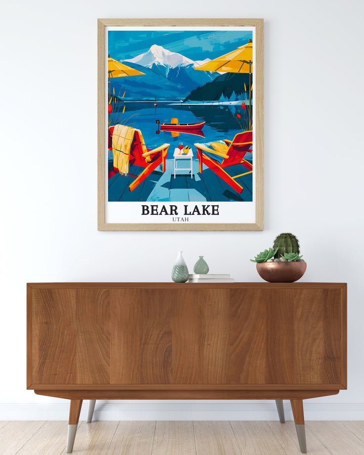 Detailed custom print of Bear Lake highlighting the vibrant blue waters and stunning scenery of Rendezvous Beach perfect for enhancing your home with a piece of natural beauty