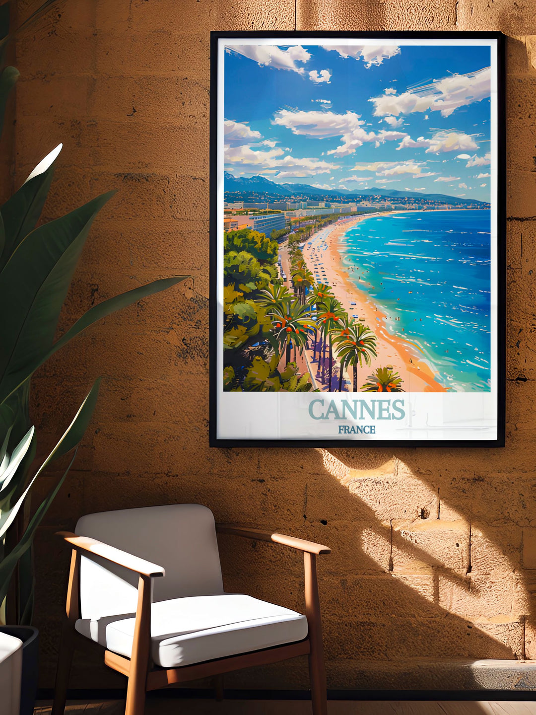 Beautiful La Croisette home decor capturing the vibrant energy of Cannes this France art print is an elegant addition to any interior perfect for those who appreciate France travel art and wish to bring a piece of French elegance into their home