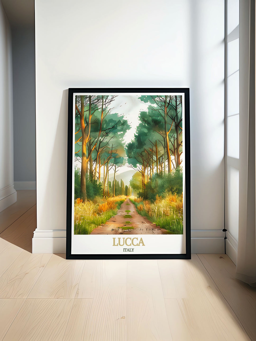 Lucca Wall Art showcasing vibrant city streets and detailed fine line prints alongside San Rossore Park modern prints perfect for adding a touch of elegance to any living room or office decor