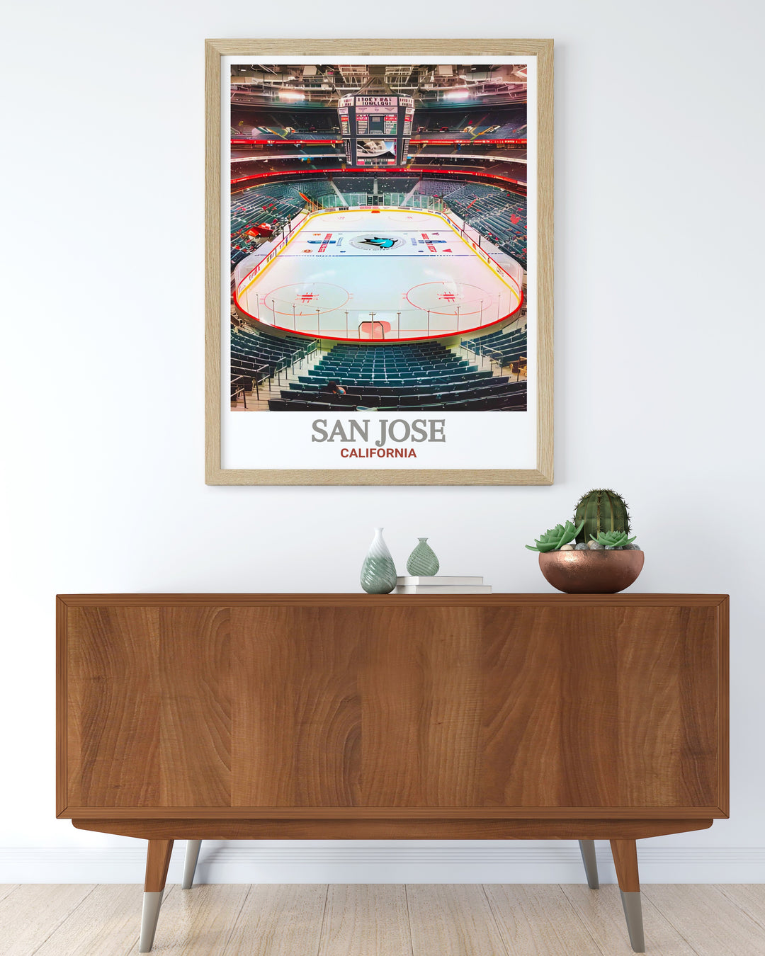 SAP Center in San Jose captured in a vibrant poster print, showcasing the iconic venue known for hosting concerts, sports events, and entertainment. Perfect for adding a touch of Californias dynamic energy to your decor.