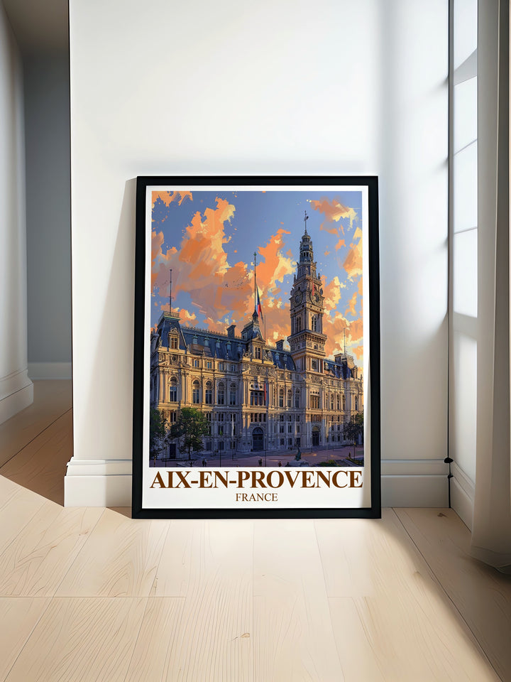 Bring the beauty of southern France into your home with this travel print of the Hôtel de Ville in Aix en Provence. Ideal for anyone who loves Provence or French culture, this poster highlights the stunning architecture and timeless charm of this historic city.