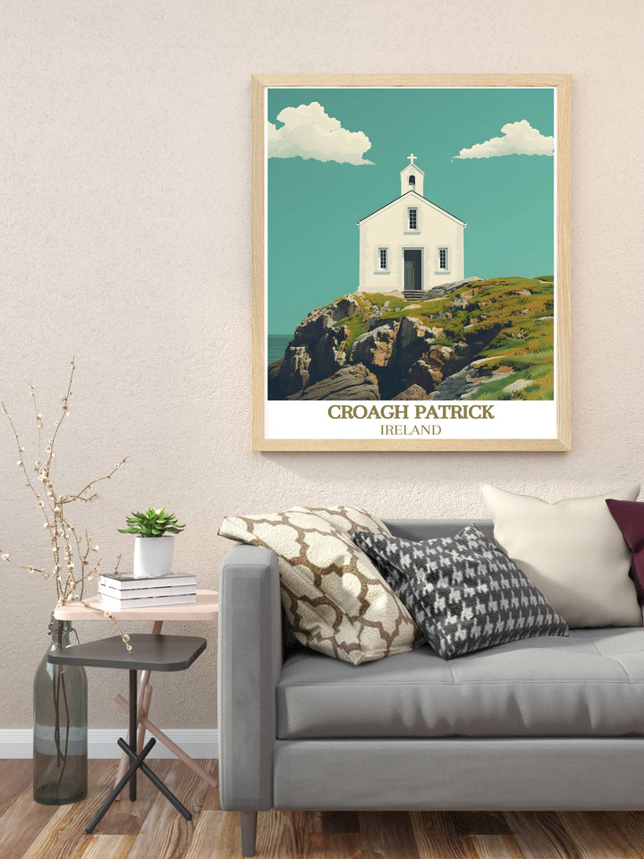 Add a touch of Irish charm to your home with this stunning artwork of St Patricks Church featuring the picturesque mountain Croagh Patrick and the revered Saint Patrick Statue. This Ireland travel print is perfect for anyone who loves Irish culture and heritage.