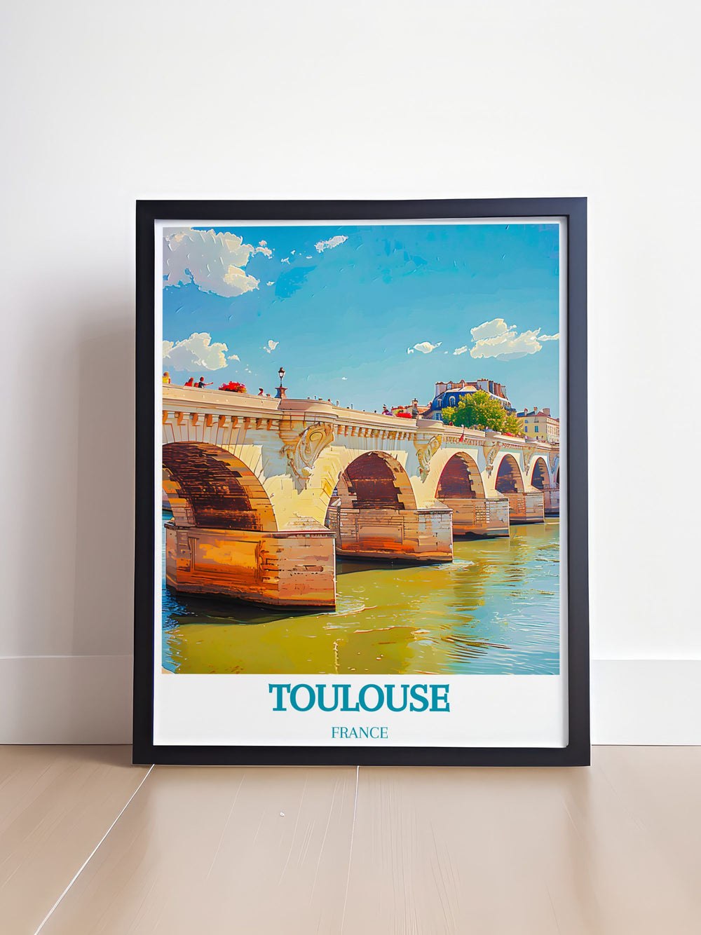 Experience the vibrant urban landscape of Toulouse with this detailed art print, featuring the iconic Pont Neuf and its surrounding cityscape.