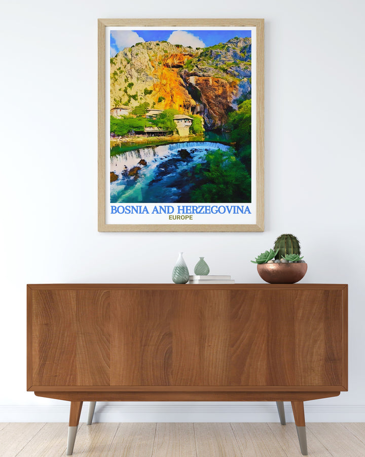 Blagaj Tekija wall poster captures the essence of Bosnias natural and spiritual beauty, offering a calming and cultural touch to your home decor. This travel print is perfect for those who love European history and serene landscapes.