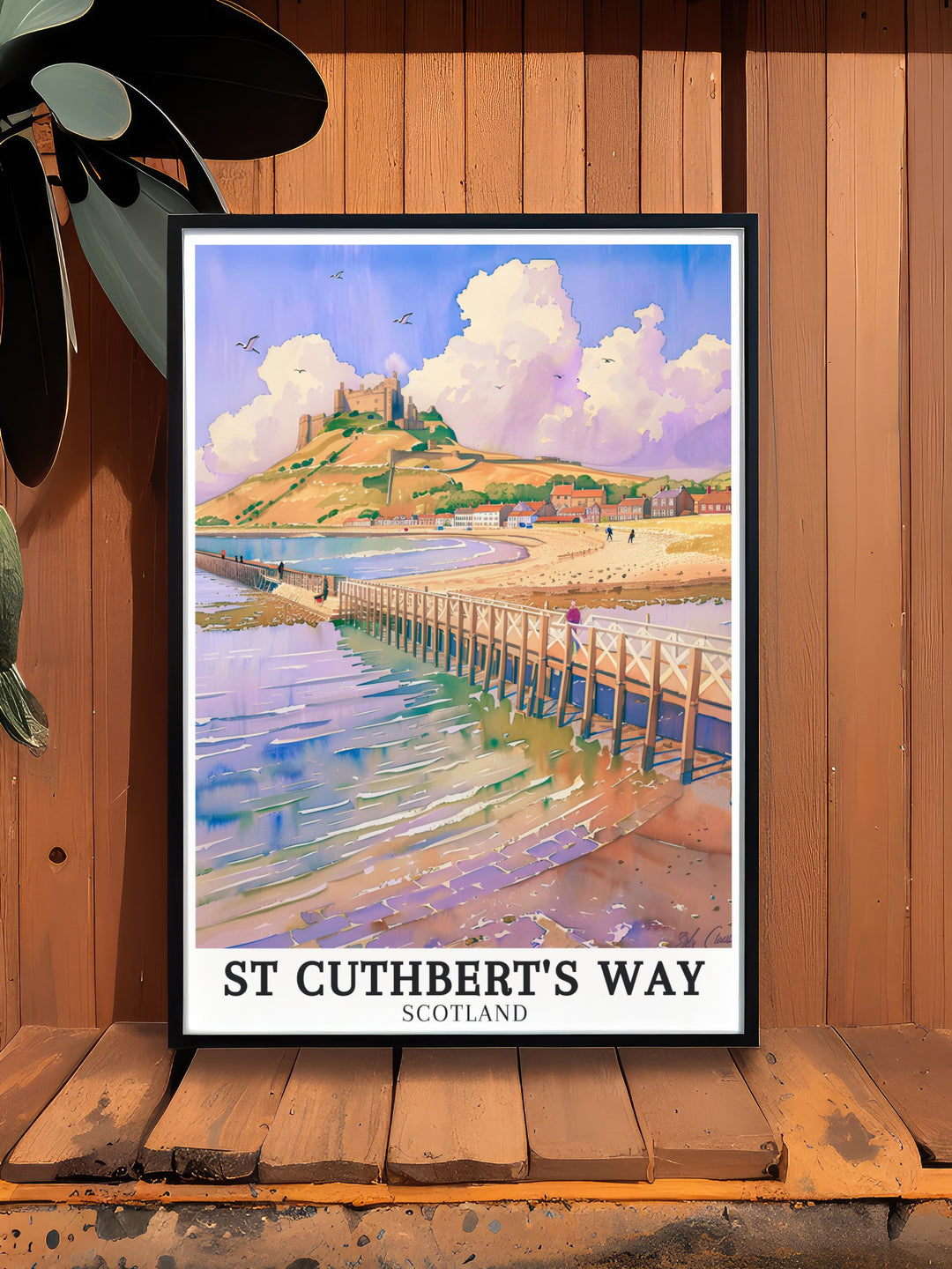 This vintage hiking print features Lindisfarne Priory Holy Island and Lindisfarne Castle along the famous St Cuthberts Way trail ideal for nature lovers and history enthusiasts looking for a stunning addition to their home decor