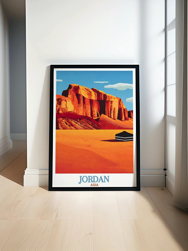 Featuring Wadi Rums awe inspiring desert and the bustling energy of Amman, this Jordan art print captures the beauty of both nature and city life. Ideal for those who appreciate Middle Eastern culture, this poster makes a perfect addition to any décor.