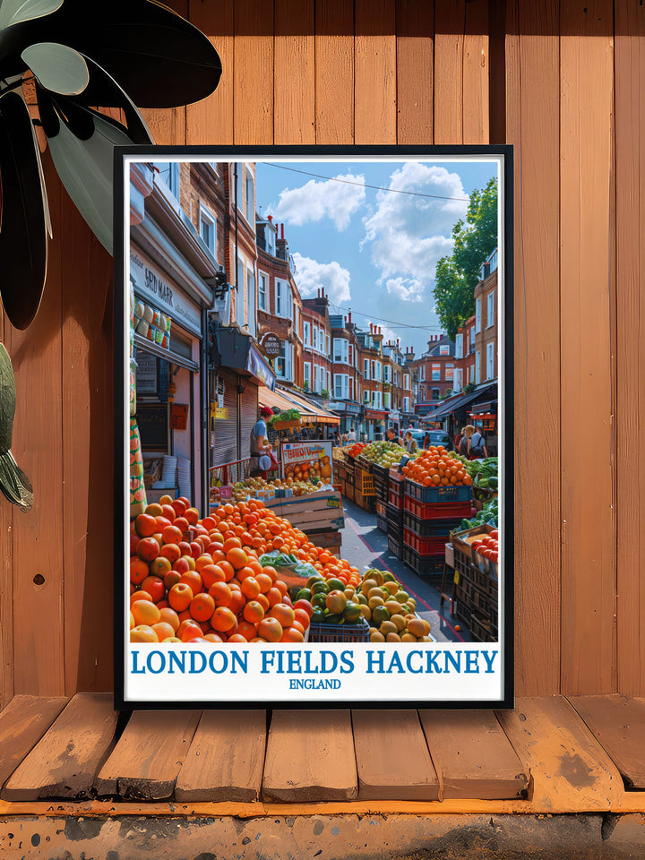 This travel poster beautifully depicts the serene beauty of London Fields and the vibrant life of Broadway Market, ideal for adding a touch of Hackneys charm to any room.