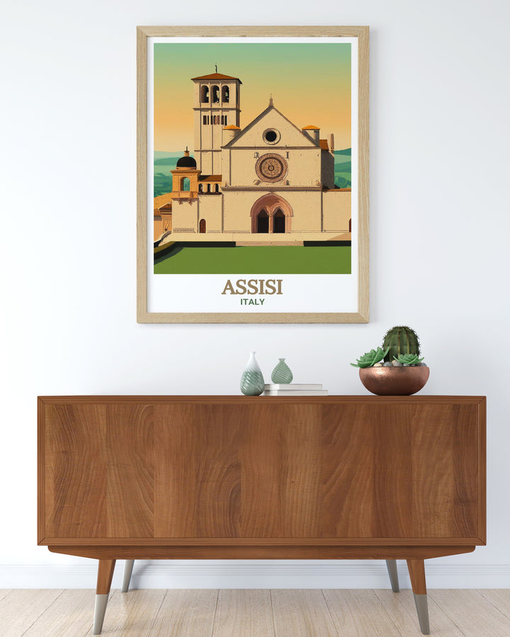 Captivating Italy wall print of Assisis Basilica of Saint Francis, highlighting the intricate frescoes and spiritual atmosphere of this iconic Italian landmark. Perfect for home decor or as an Italy travel gift, this print brings the beauty of Assisi into any space