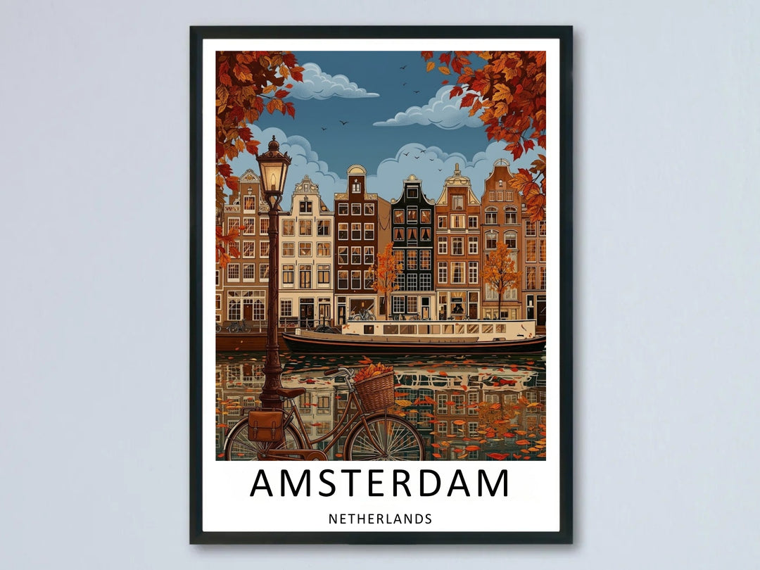 A premium hand-painted Amsterdam travel poster featuring a vintage Dutch bicycle with leather bags parked by a glowing street lamp along a scenic autumn canal path.