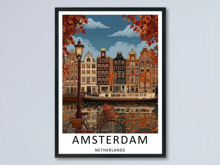 A premium hand-painted Amsterdam travel poster featuring a vintage Dutch bicycle with leather bags parked by a glowing street lamp along a scenic autumn canal path.
