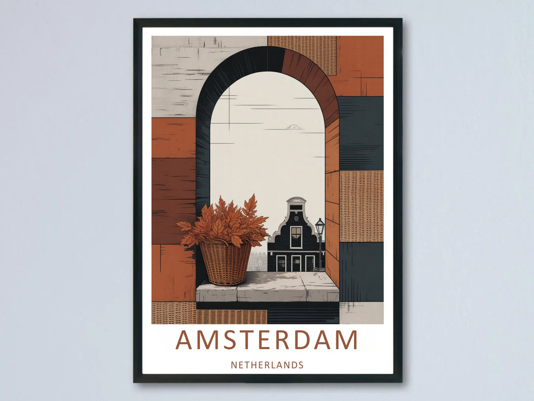 A minimalist abstract Amsterdam travel poster featuring a classic gabled house and vintage lamppost viewed through a clean, geometric stone arched portal frame.