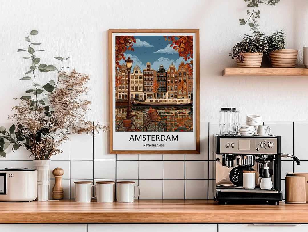Luxury framed canvas print of a cozy autumn evening in Amsterdam, showcasing warm light glowing from historic building windows and beautifully detailed fall tree branches.