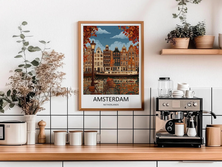 Luxury framed canvas print of a cozy autumn evening in Amsterdam, showcasing warm light glowing from historic building windows and beautifully detailed fall tree branches.