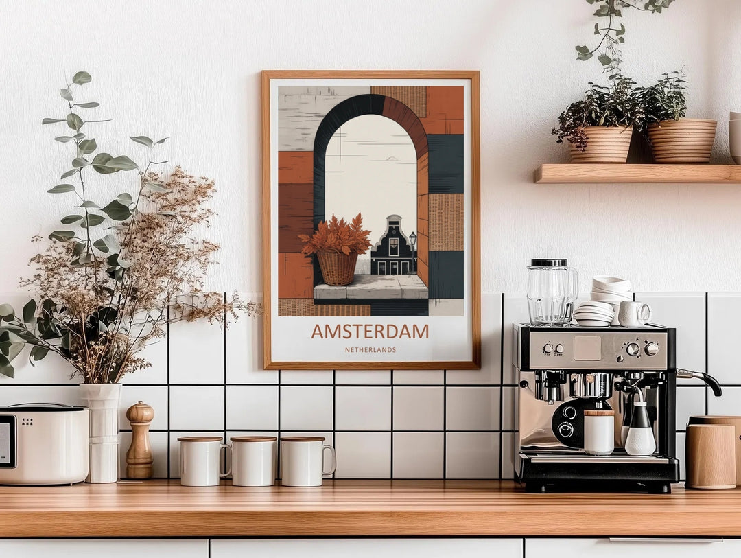 A close-up view of a rustic woven wicker basket holding orange autumn foliage, resting on an arched window ledge with a minimalist Amsterdam city background.
