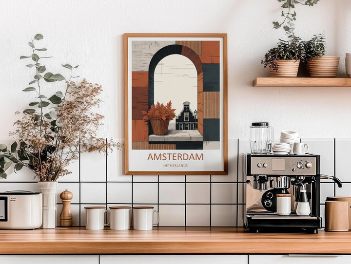 A close-up view of a rustic woven wicker basket holding orange autumn foliage, resting on an arched window ledge with a minimalist Amsterdam city background.