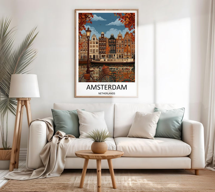An editorial style travel art print of a historic European cityscape in autumn, emphasizing rich canvas textures, deep earth tones, and cozy architectural lines.