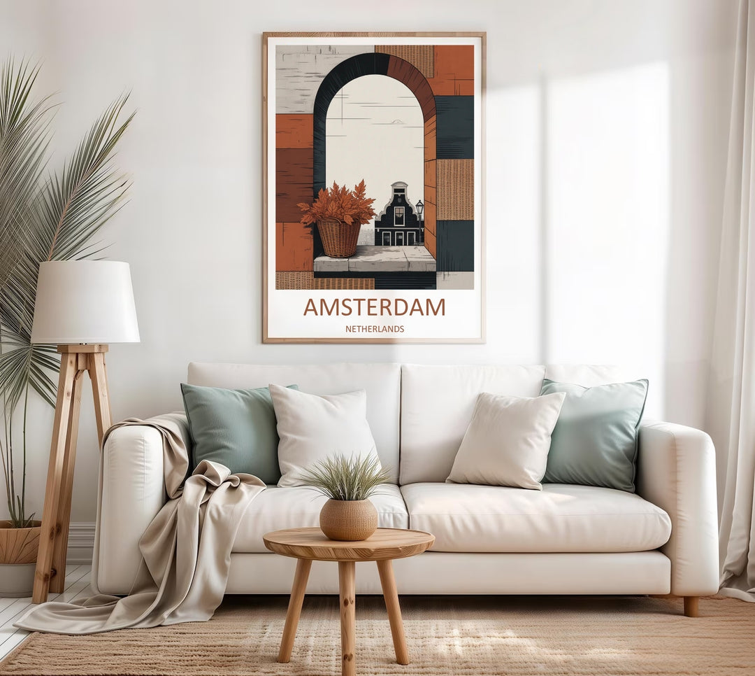 Contemporary color-block graphic artwork of an architectural portal window in the Netherlands, built from textured terracotta, slate grey, and charcoal panels.