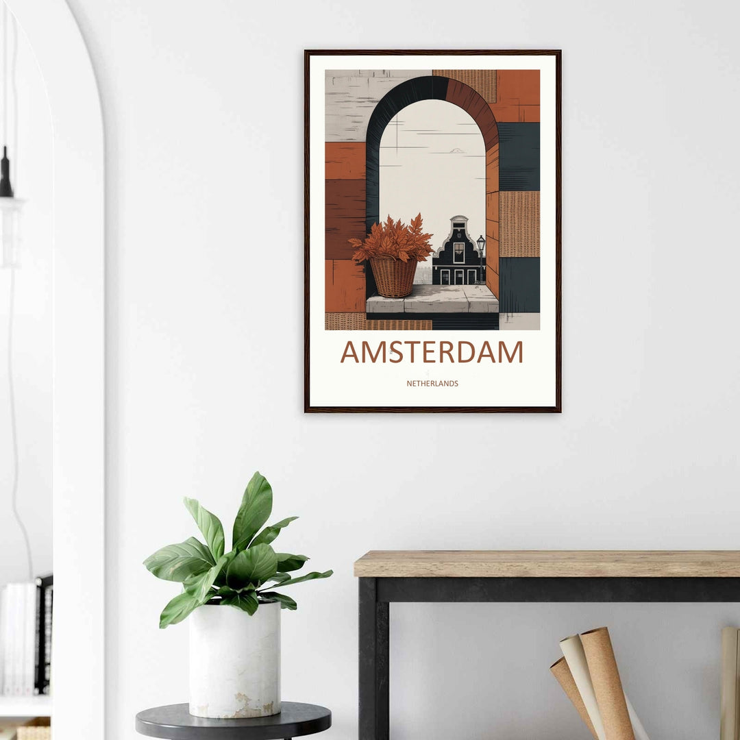 An elegant vertical Netherlands travel print capturing a minimalist and structured view of traditional European architecture using clean lines and earth tones.