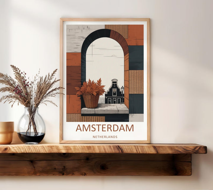 High-end travel poster with bold modern typography reading Amsterdam Netherlands centered below an abstract architectural color-blocked stone arch layout.