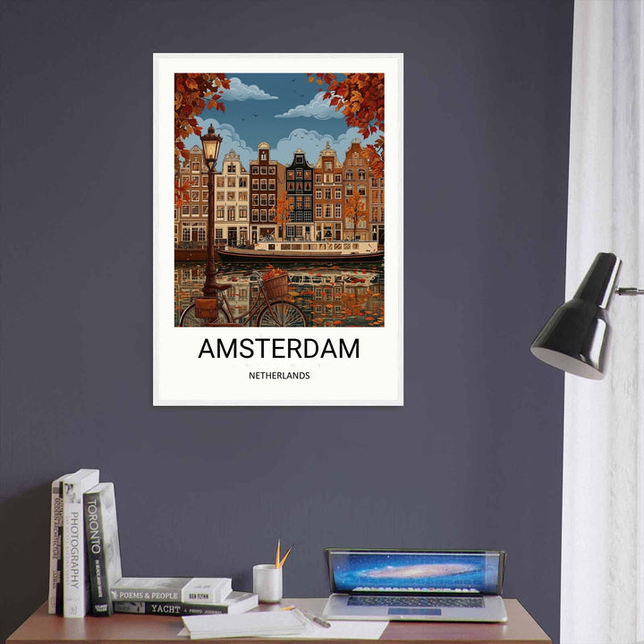 Detailed fine art illustration of traditional Dutch canal houses with historic gabled roofs, beautifully framed by a thick upper canopy of red and orange autumn leaves.