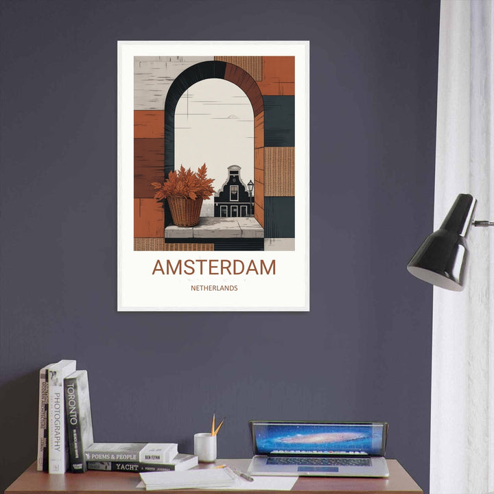 Sophisticated Amsterdam travel artwork with rich mixed-media textures, featuring a single stylized historic house gable under a minimal cream twilight sky.