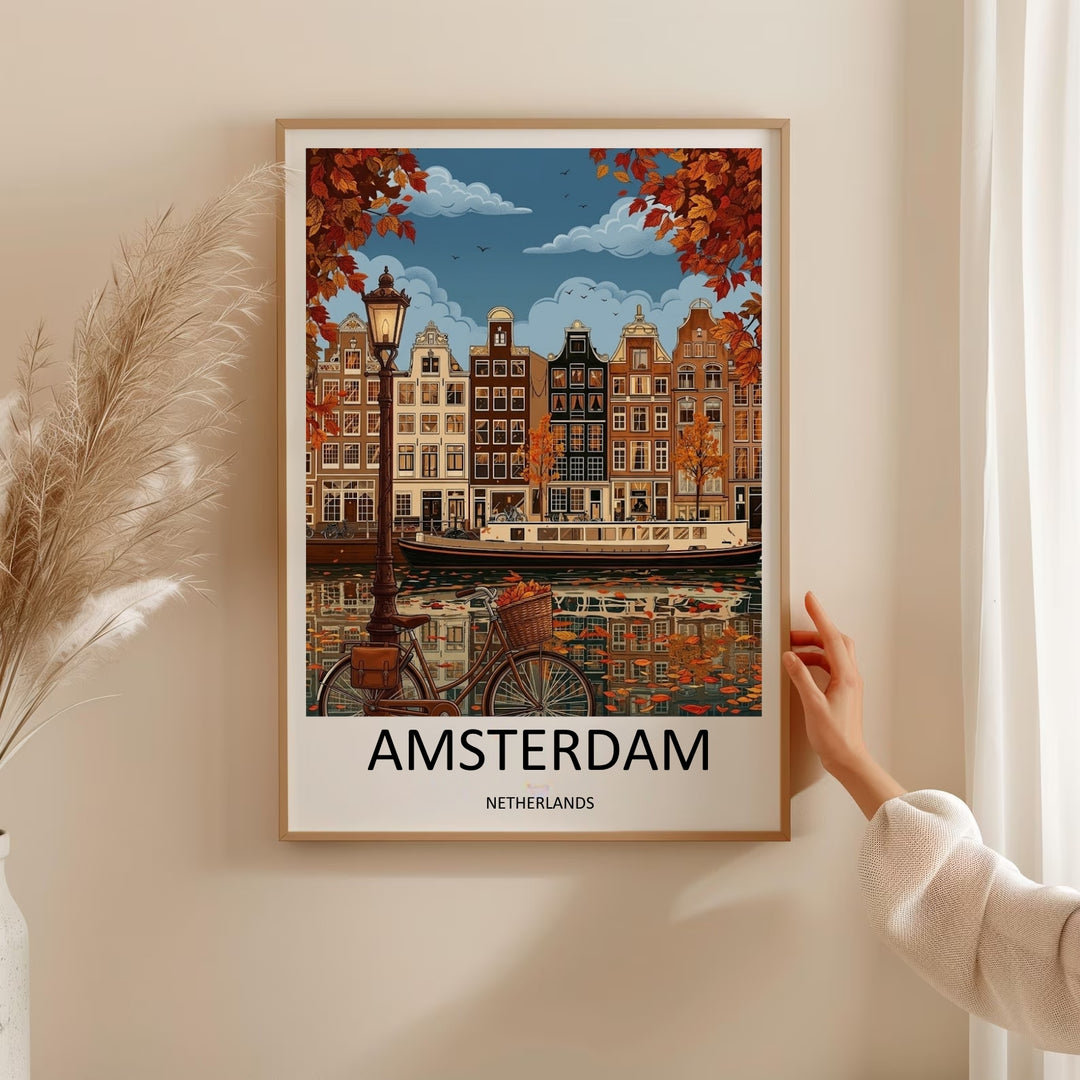 Museum quality landscape print depicting a row of historic gabled canal front properties in Holland surrounded by a framing border of warm, vibrant seasonal foliage.