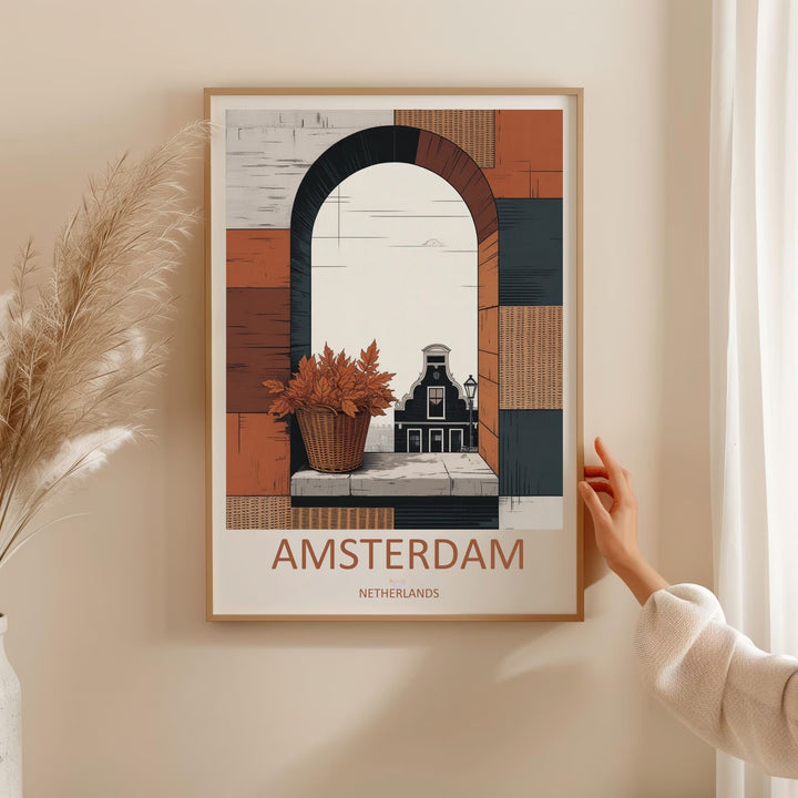 Sleek black framed canvas wall art of the Netherlands, showing a modern geometric illustration of a single Dutch townhouse facade under an empty twilight sky.