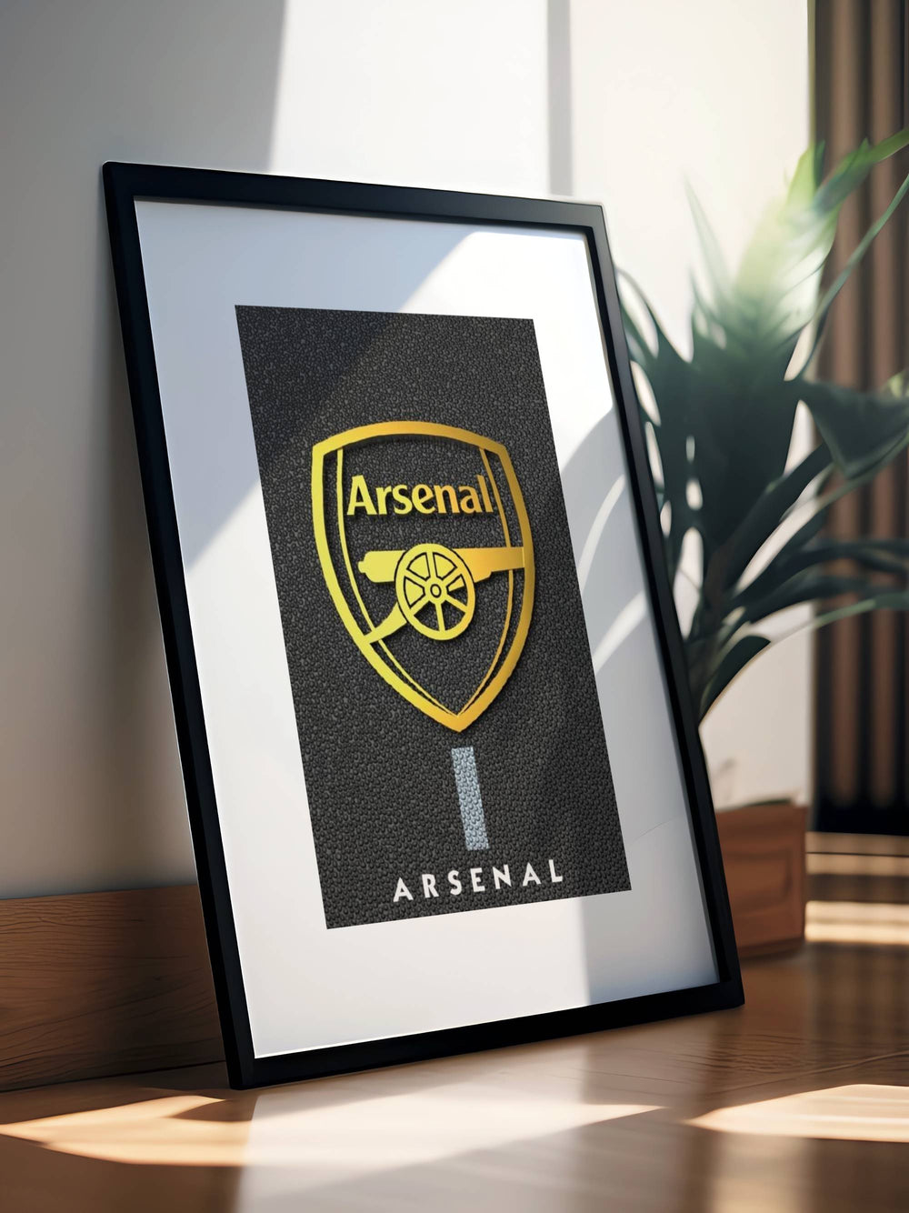 Luxury Arsenal football wall art print with a gold 3D-effect shield emblem and stylized text on a charcoal pebble-grain background, perfectly framed for high-end home decor and office styling.