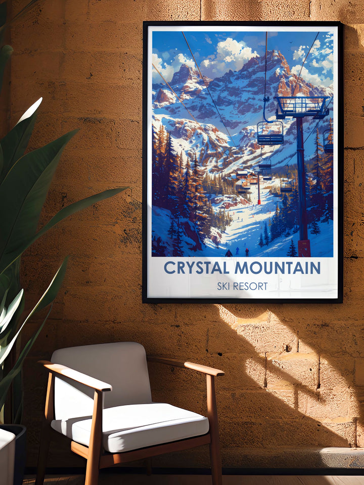 Vintage poster showcasing the iconic chairlift rides at Crystal Mountain, capturing the essence of Washingtons premier ski destination in a nostalgic style.