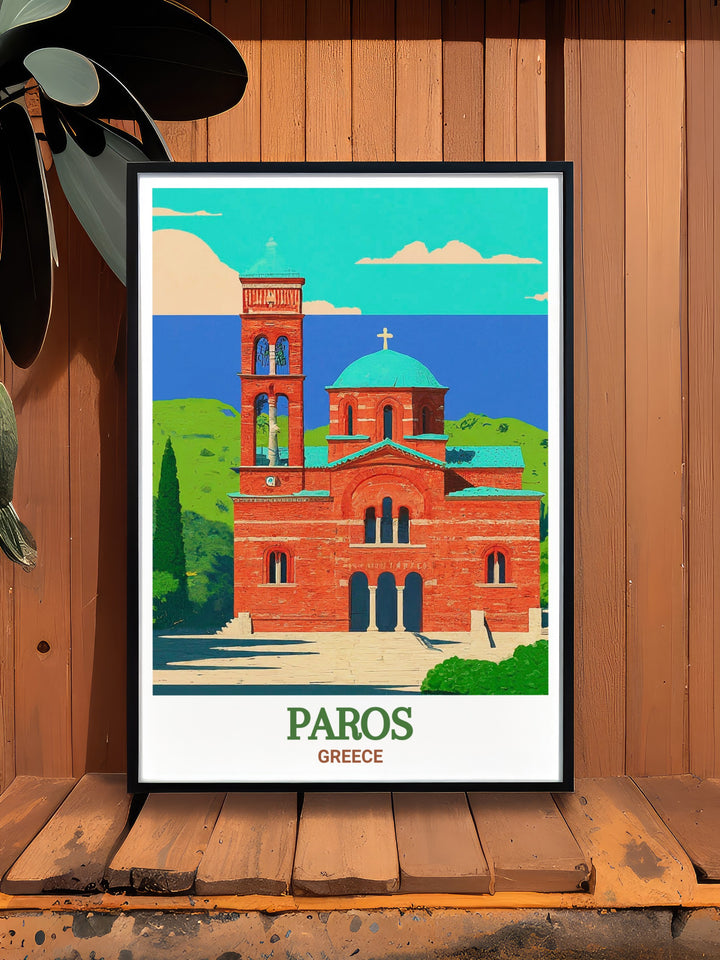 Discover the charm of the Cyclades with this wall art featuring Panagia Ekatontapiliani on Paros. The serene and historic atmosphere of the church is beautifully depicted, making it a perfect addition to your Mediterranean themed decor.