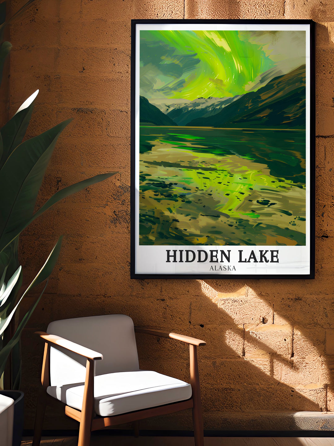 Hidden Lake travel print featuring the peaceful reflection of Alaskas natural beauty. The calm waters and surrounding wilderness create a soothing atmosphere, making this artwork perfect for creating a peaceful and serene environment in your home or office.