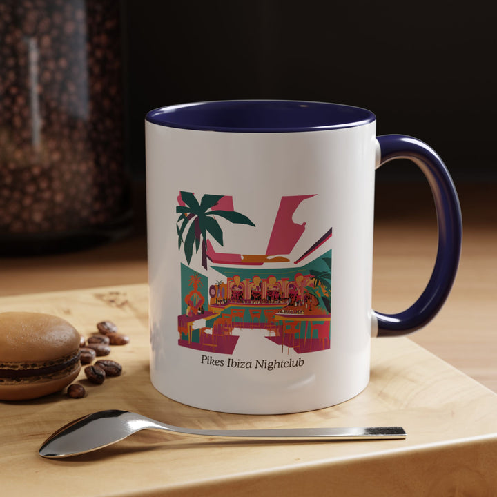 A beautifully designed Pikes Ibiza Night Club Mug showcasing bold artwork inspired by the vibrant energy of Ibiza’s nightlife. Made from durable ceramic, this dishwasher-safe mug is perfect for coffee lovers and as a unique keepsake or gift.