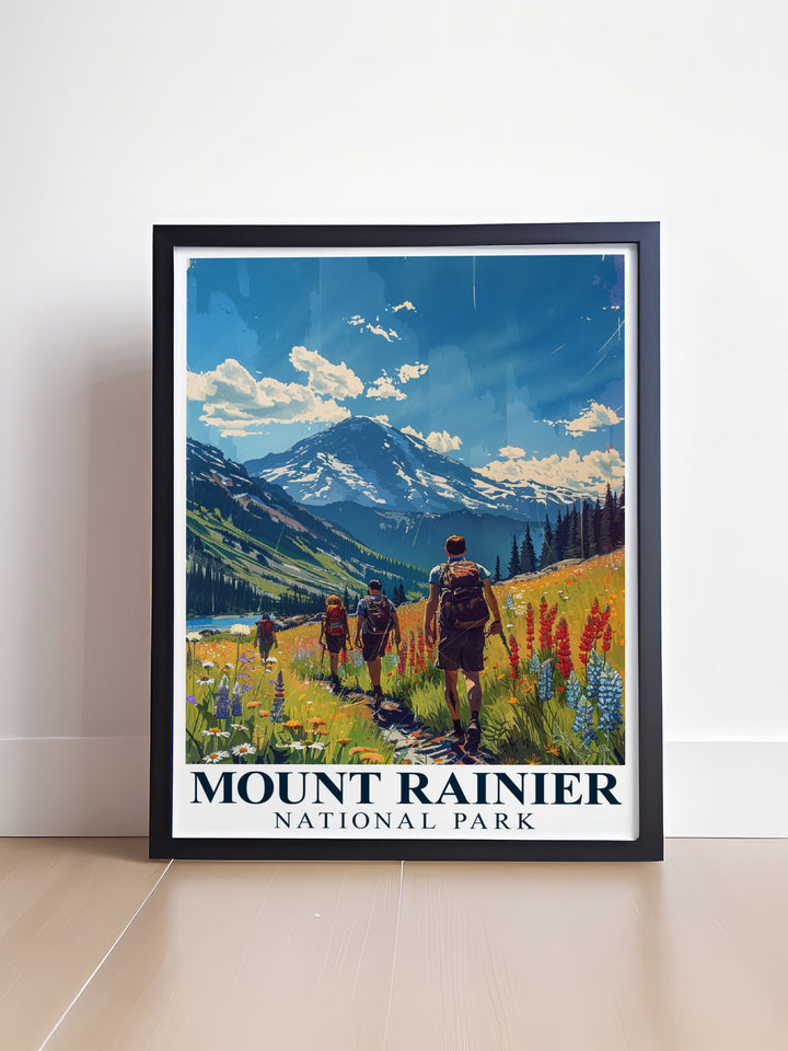 Stunning living room decor featuring Paradise Meadows and Mount Rainier this artwork is meticulously crafted to ensure each print is a masterpiece perfect for creating a sophisticated and inviting atmosphere in any room