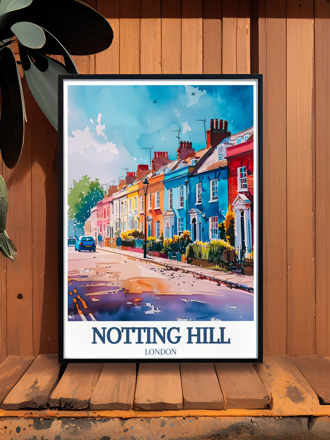 Beautiful Notting Hill poster highlighting the iconic Portobello Road Market and St. Peters Church brings the spirit of London into your home perfect for decorating your living room with vintage inspired artwork that captures the character of West London