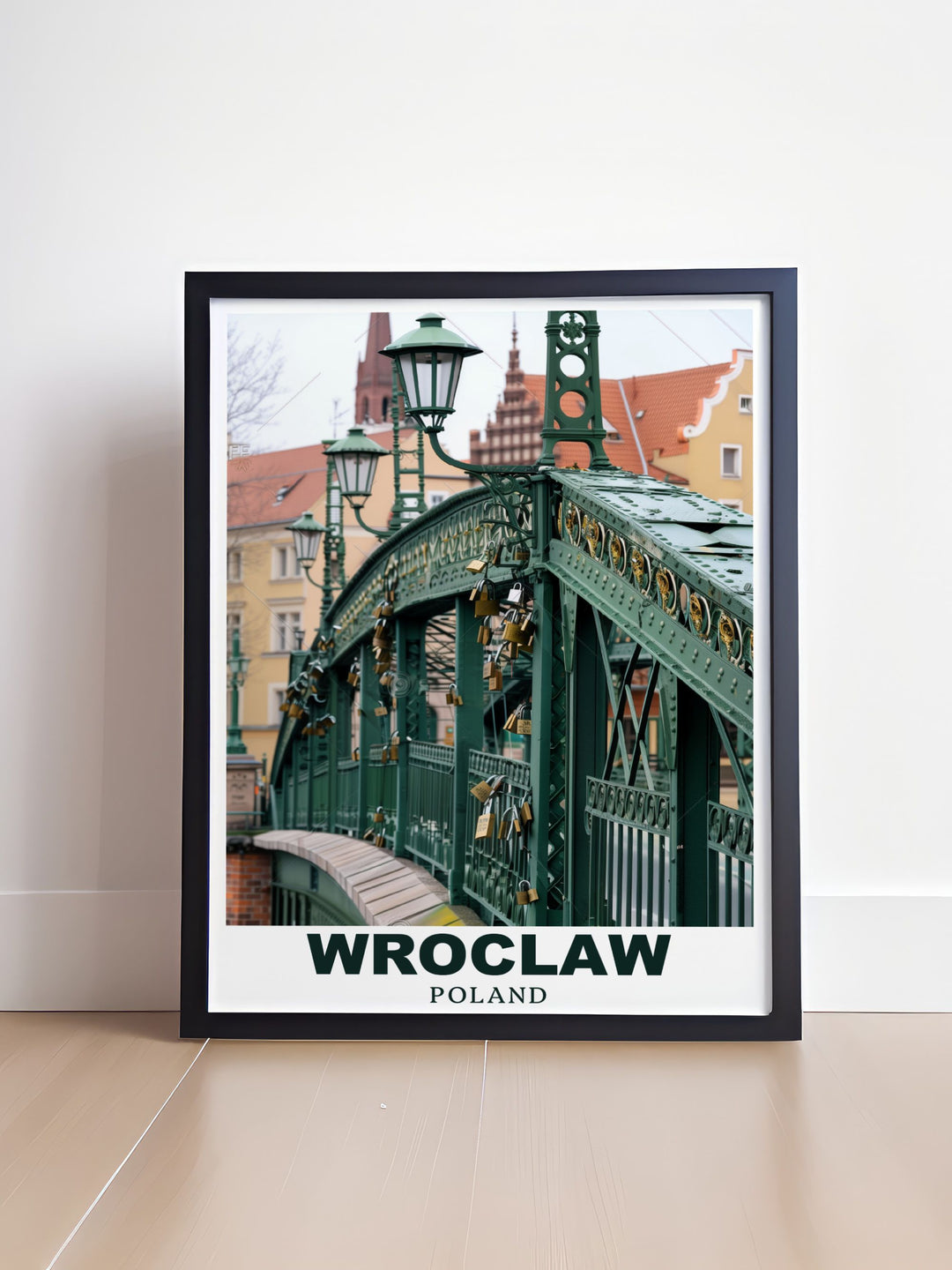 A Wroclaw vintage poster that honors the iconic Tumski Bridge while highlighting the beauty of the surrounding landscape. This travel print serves as a reminder of the stunning sights found in this remarkable Polish city.